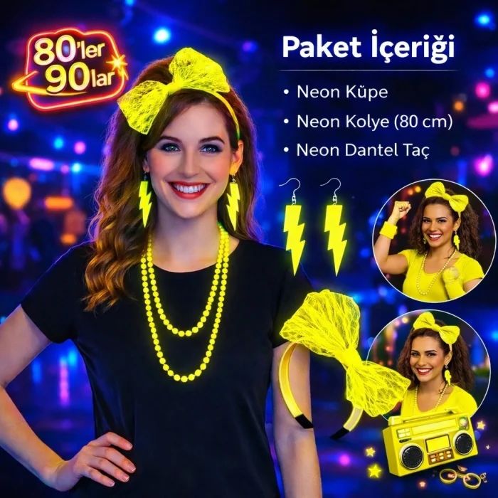 BUĞZ 80’ler 90’lar Neon Sarı Parti Seti – Kolye Küpe Taç