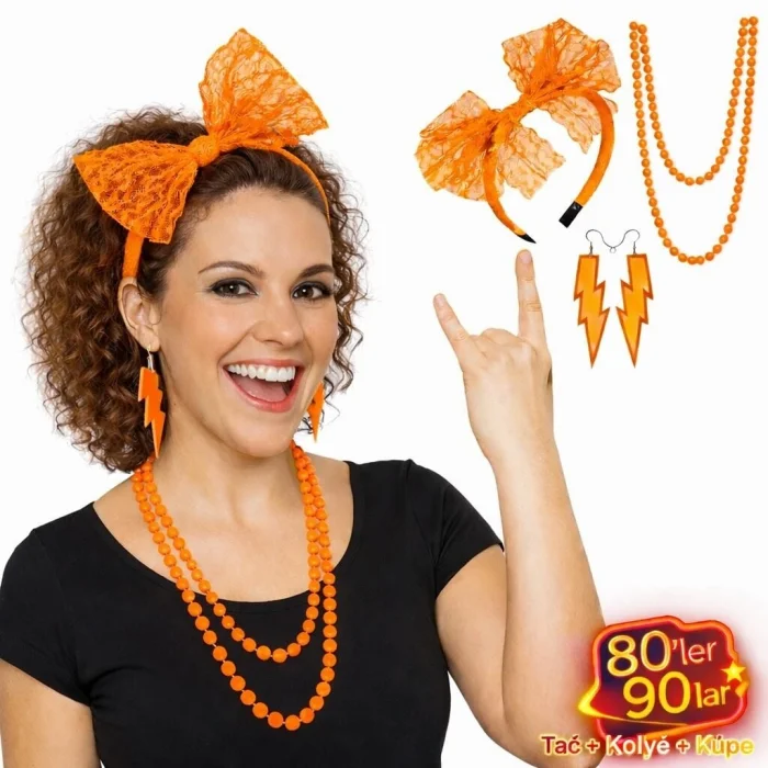 BUĞZ 80’ler 90’lar Neon Turuncu Parti Seti – Kolye Küpe Taç