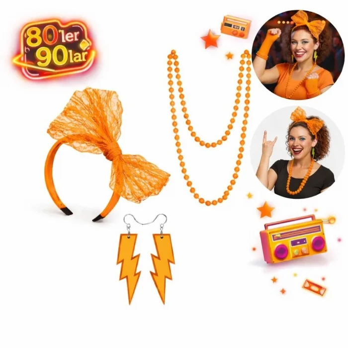 BUĞZ 80’ler 90’lar Neon Turuncu Parti Seti – Kolye Küpe Taç
