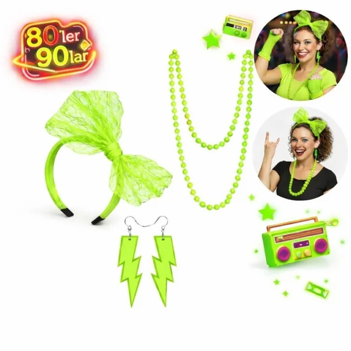 BUĞZ 80’ler 90’lar Neon Yeşil Parti Seti – Kolye Küpe Taç