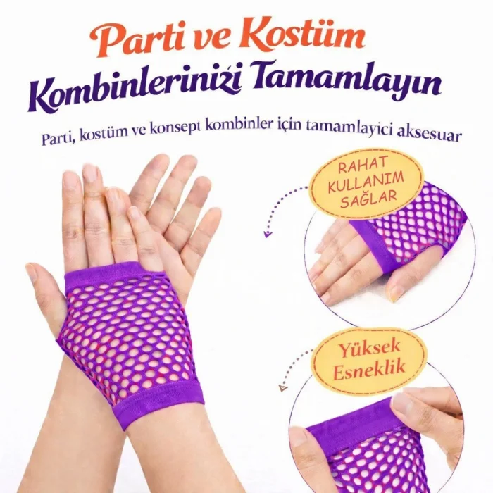 BUĞZ 80’ler 90’lar Retro Mor File Parmaksız Kısa Eldiven 11 cm