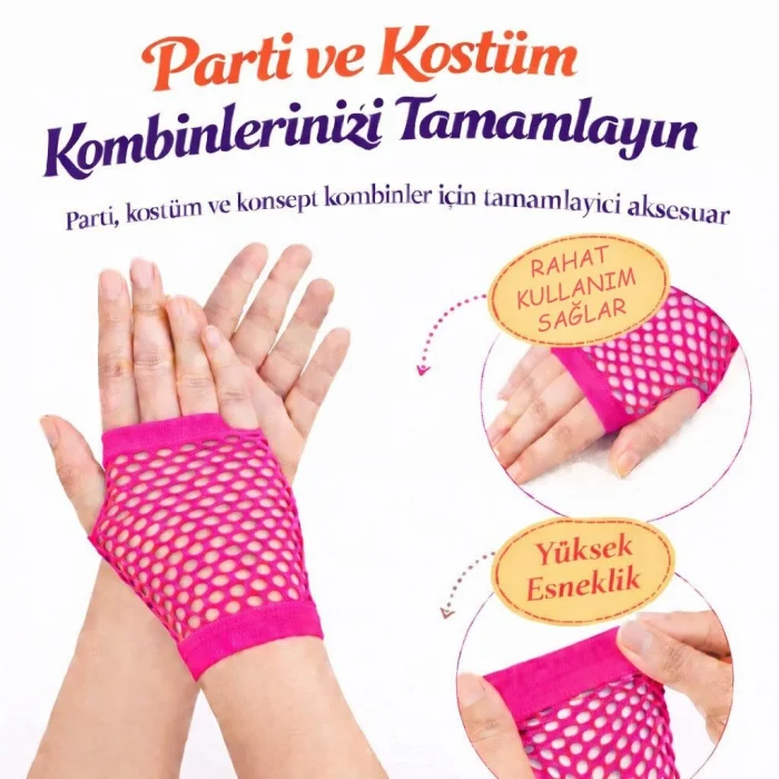 BUĞZ 80’ler 90’lar Retro Neon Fuşya Şeker Pembesi File Parmaksız Kısa Eldiven 11 cm