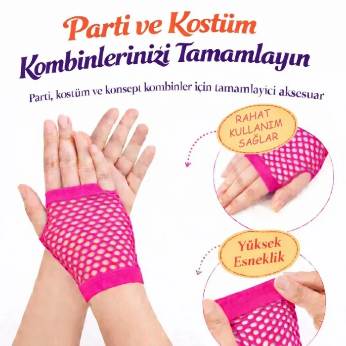 BUĞZ 80’ler 90’lar Retro Neon Fuşya Şeker Pembesi File Parmaksız Kısa Eldiven 11 Cm