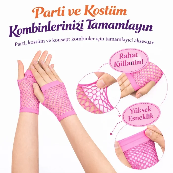 BUĞZ 80’ler 90’lar Retro Neon Pembe File Parmaksız Kısa Eldiven 11 cm