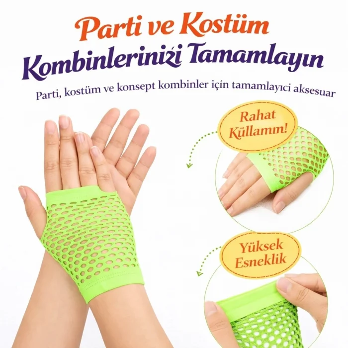 BUĞZ 80’ler 90’lar Retro Neon Yeşil File Parmaksız Kısa Eldiven 11 Cm