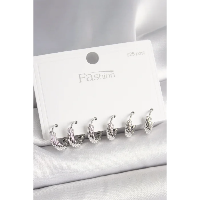 BUĞZ 925 Ayar Gümüş Çivi Pirinç Gümüş Renk İşlemeli Halka Model Kadın Küpe Seti