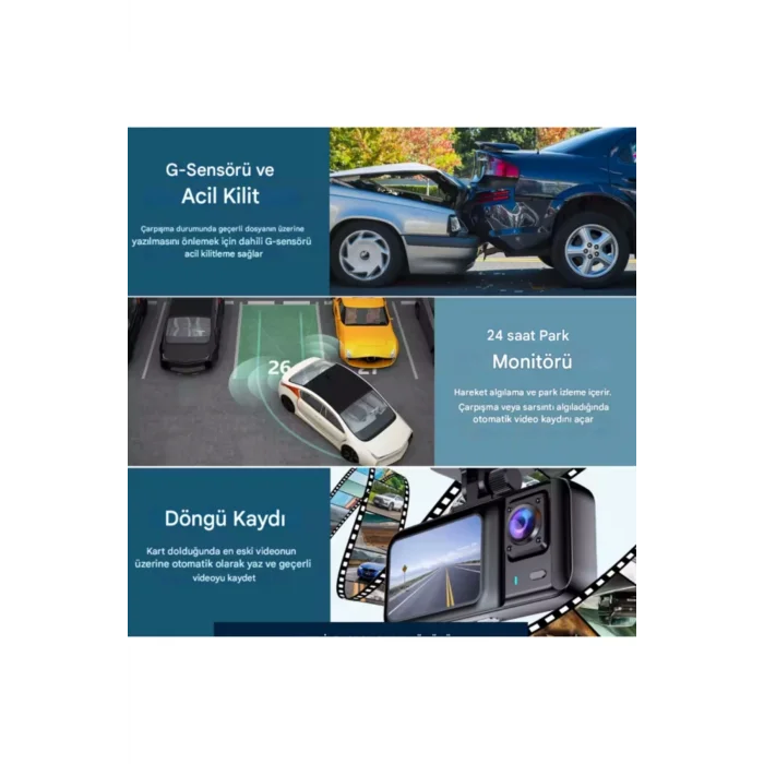  A-98 WiFi Full HD 3 Kameralı Araç İçi Güvenlik Kamerası + Park Modu Kablosu Ön-Arka-İç Kayıt,DashCam