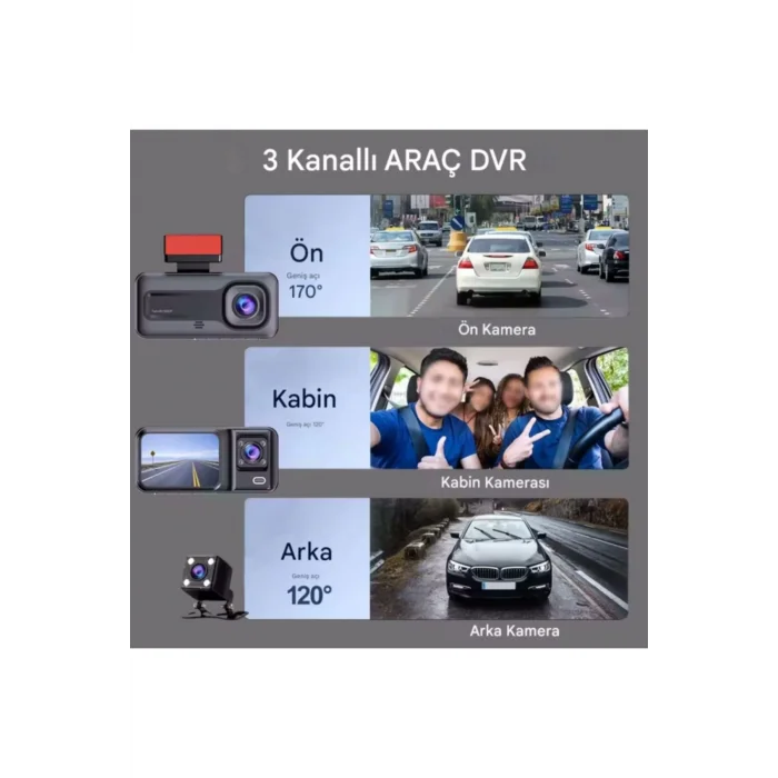  A-98 WiFi Full HD 3 Kameralı Araç İçi Güvenlik Kamerası + Park Modu Kablosu Ön-Arka-İç Kayıt,DashCam