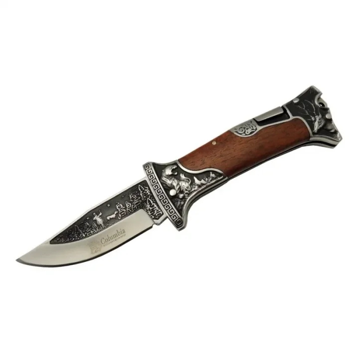 BUĞZ A3188-2 Geyik Desenli Outdoor Çakı 23 Cm - İşlemeli Ahşap Saplı, Perçinli, Deri Kılıflı
