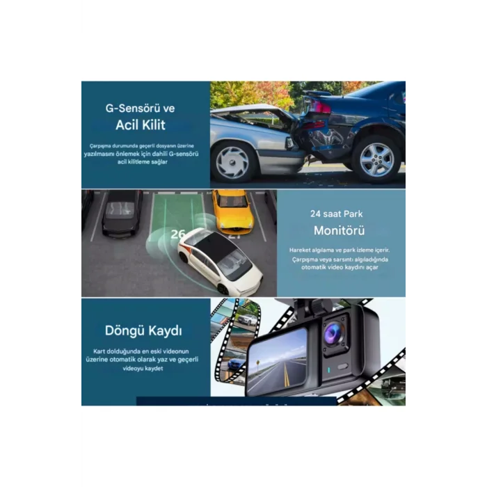  A98 Full Hd 3 Kameralı Araç Içi Güvenlik Kamerası 64gb Uyumlu Ir Gece Görüşü, Ön-arka-iç Kayıt