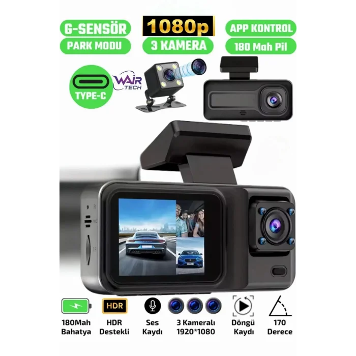  A98 Full Hd 3 Kameralı Araç Içi Güvenlik Kamerası 64gb Uyumlu Ir Gece Görüşü, Ön-arka-iç Kayıt