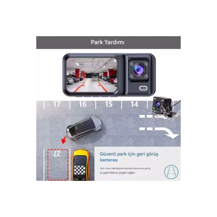  A98 Full Hd 3 Kameralı Araç Içi Güvenlik Kamerası 64gb Uyumlu Ir Gece Görüşü, Ön-arka-iç Kayıt