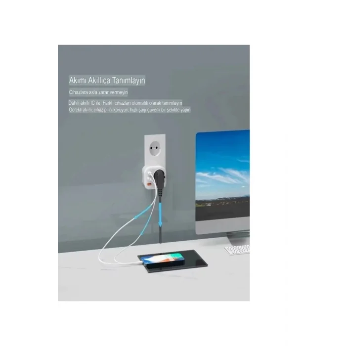 BUĞZ Ac-115 2500w 3.4a 2usb 1type-c 1soket Akım Korumalı Şarj Adaptörü Priz Çoğaltıcı