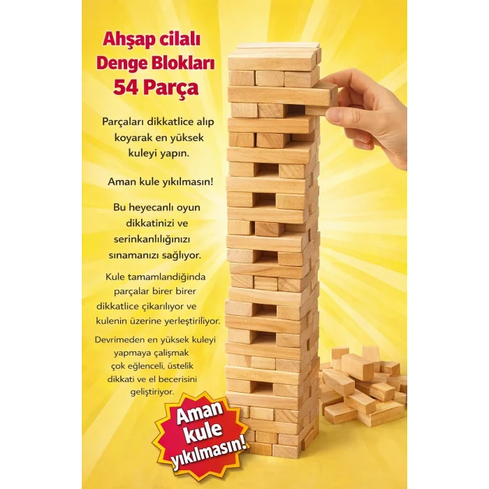 BUĞZ Ahşap Cilalı Denge Blokları 54 Parça – Eğitici ve Eğlenceli Çocuk Oyunu