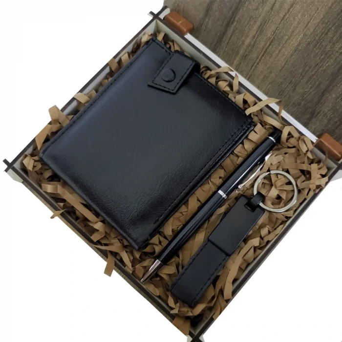 BUĞZ Ahşap Deri Kutulu Siyah Renk 3lü Hediye Seti - Kalem, Cüzdan, Anahtar