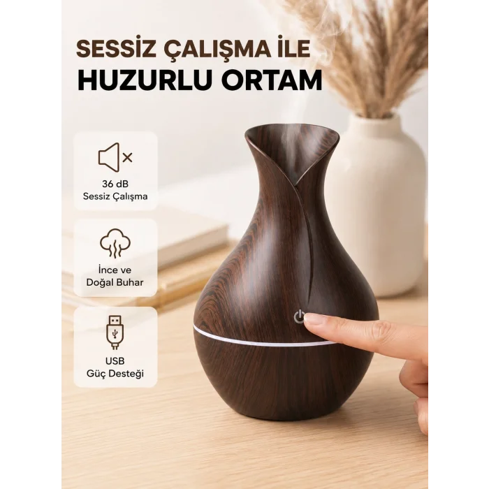BUĞZ Ahşap Desenli Aromaterapi Difüzör 130 ml Ultrasonik ve 7 Renk LED Işıklı