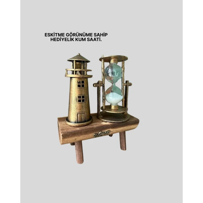 BUĞZ Ahşap Gövdeli Deniz Feneri Formlu Kum Saati – 15x20 cm Masa Dekoru