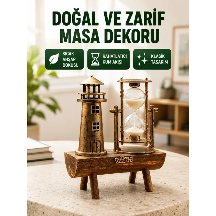 BUĞZ Ahşap Gövdeli Deniz Feneri Formlu Kum Saati – 15x20 cm Masa Dekoru Yeni Nesil