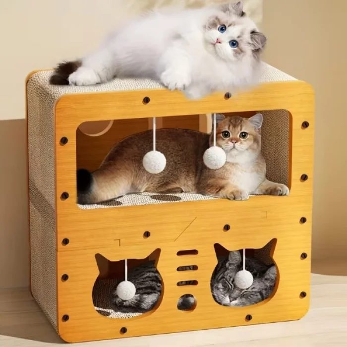 BUĞZ Ahşap İki Katlı Tırmalamalı Kedi Oyun Evi