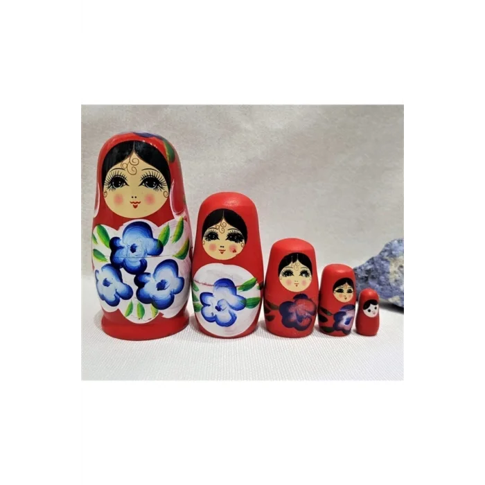 BUĞZ Ahşap kırmızı 5 parçalı modern matruşka bebek dekoratif obje tek ebat - Ev & Mobilya