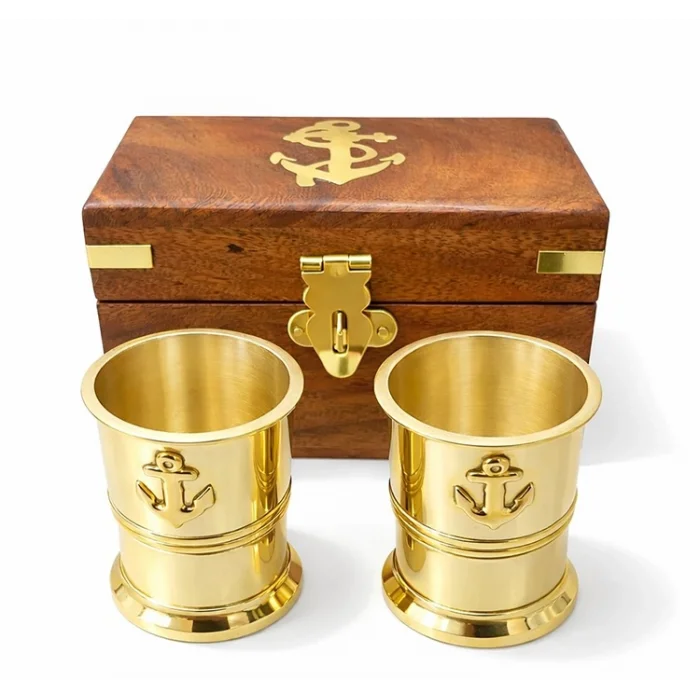 BUĞZ Ahşap Kutulu 2li Pirinç Shot Bardak Seti