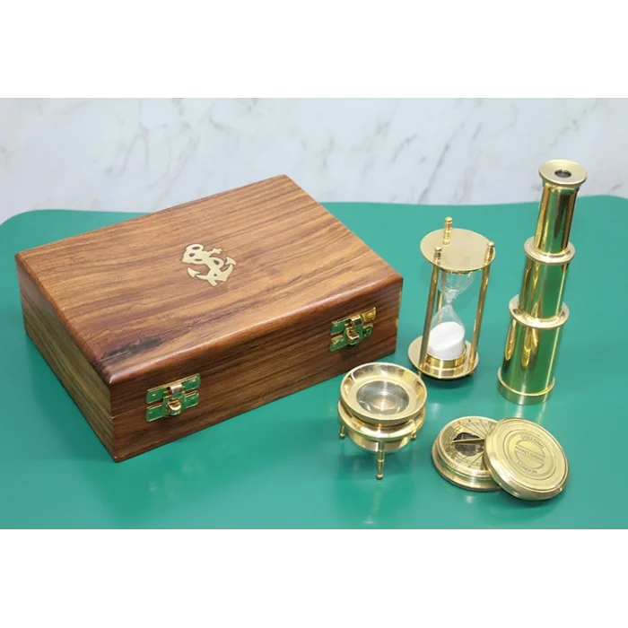 BUĞZ Ahşap Kutulu Dürbün, Kum Saati, Büyüteç, Pusula Seti