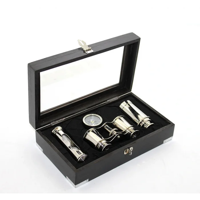 BUĞZ Ahşap Kutulu Pirinç Dürbün Pusula Ve Kum Saati Seti