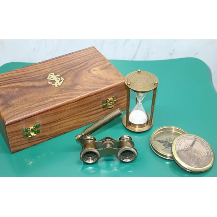 BUĞZ Ahşap Kutulu Pirinç Pusula, Kum Saati, Dürbün Seti