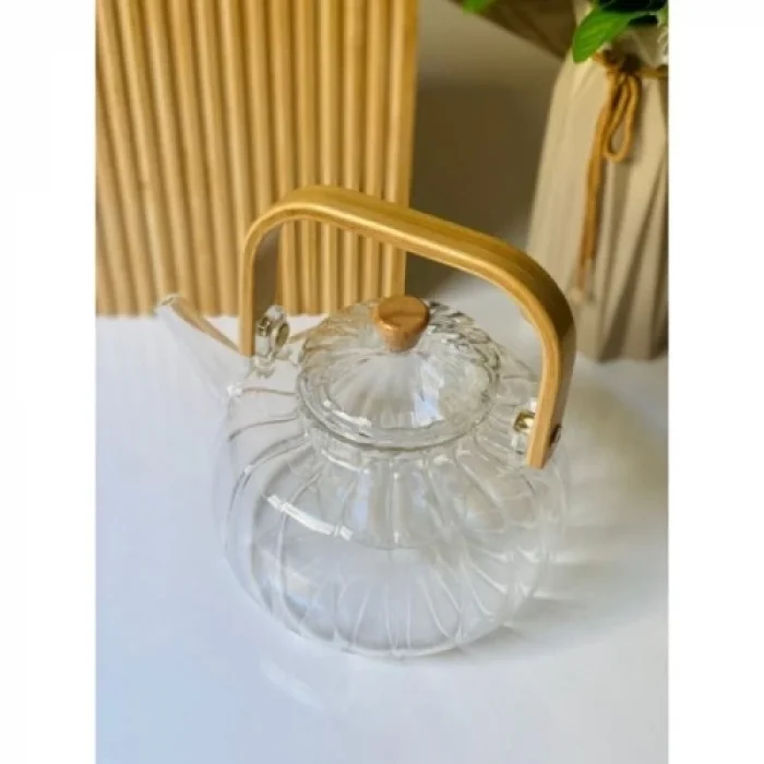  Ahşap Saplı Cam Çizgili Demlik