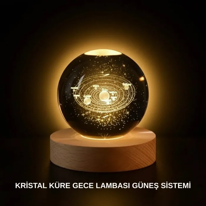 BUĞZ Ahşap Standlı LED Kristal Küre Lazer İşlemeli Dekoratif Obje