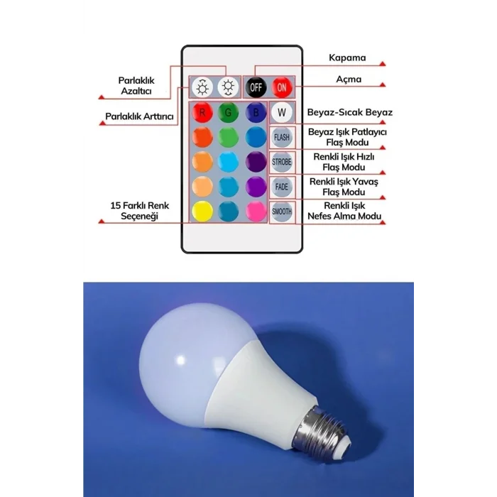 BUĞZ Akıllı ampul E27 duy 8,5 watt beyaz ışık uzaktan kumandalı dim özelliği renkli - E27 Duy Tipi