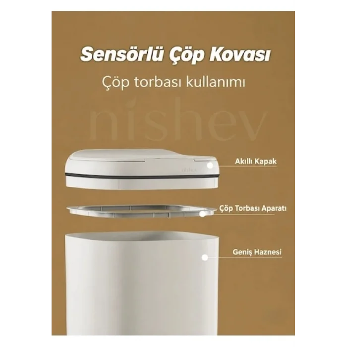 BUĞZ Akıllı Çöp Kovası Büyük Boy 20 Litre UV Işık Sensörlü Sessiz