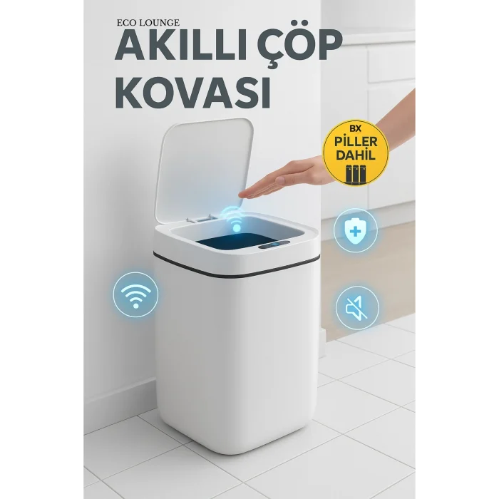 BUĞZ Akıllı Çöp Kovası, Büyük Boy 20 Litre, UV Işık ve Sensörlü, Haraket Algılayan, Sessiz Kapak