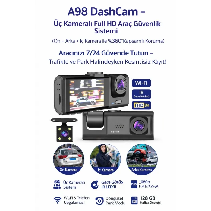 BUĞZ Akıllı Full HD 3 Kameralı Araç İçi Güvenlik Kamerası Ön-Arka-İç Kayıt, Park Modu