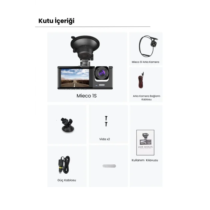 BUĞZ Akıllı Full HD 3 Kameralı Araç İçi Güvenlik Kamerası Ön-Arka-İç Kayıt, Park Modu