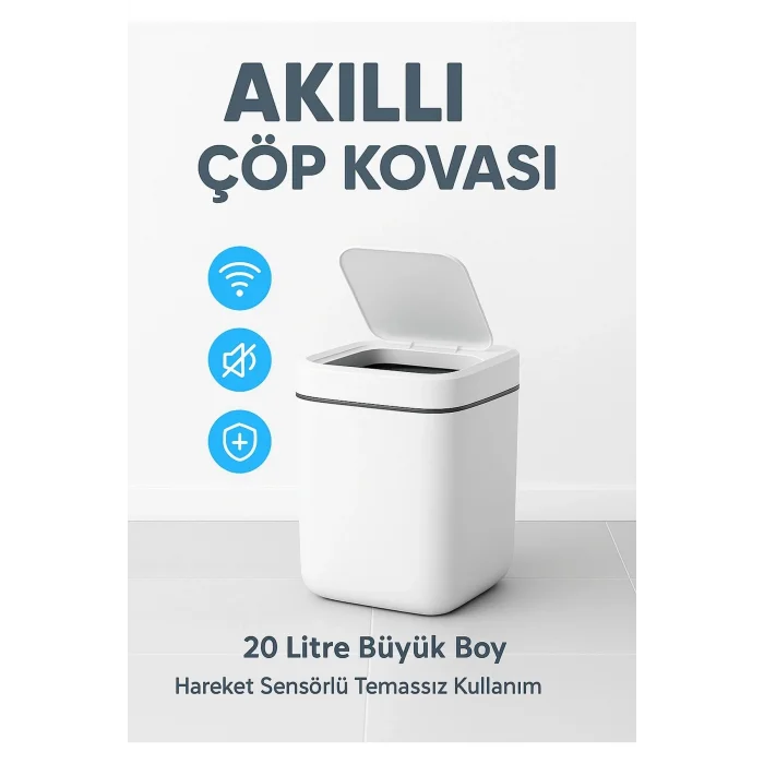 BUĞZ Akıllı Otomatik Kapaklı 20 Litre Çöp Kutusu Hareket Sensörlü Hijyenik Sessiz Ev Ofis