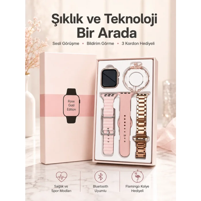 BUĞZ Akıllı Saat Amoled Ekran 3 Kordonlu Aksesuar Hediyeli Sesli Görüşme