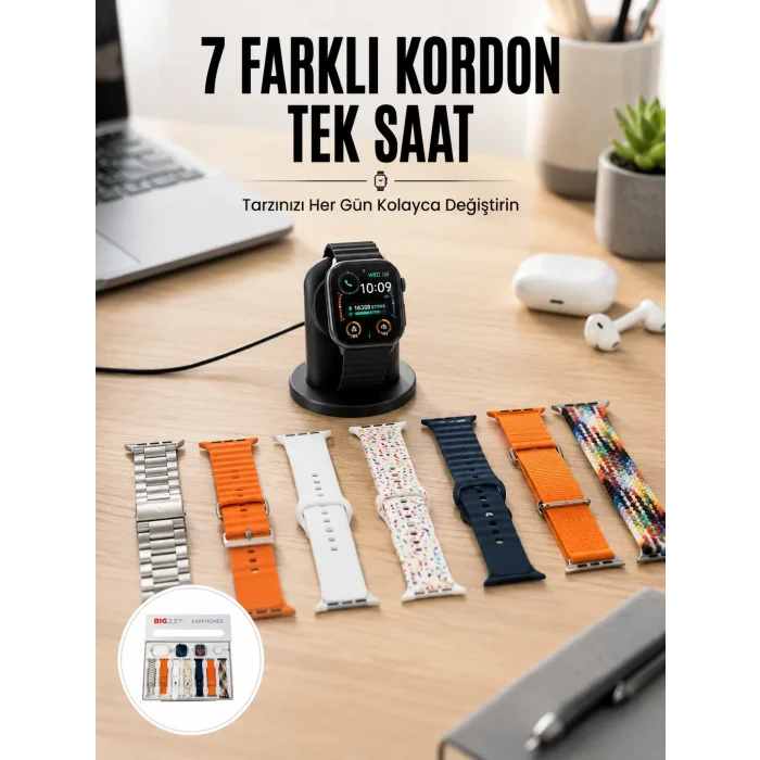 BUĞZ Akıllı Saat ve Air Pro Kulaklık 7 Kordonlu Çok Fonksiyonlu İkili Set Yeni Nesil