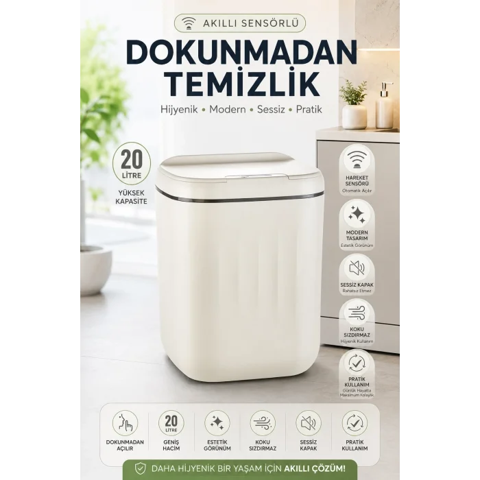 BUĞZ Akıllı Sensörlü 20 Litre Çöp Kovası Sessiz Kapaklı Modern Hijyenik Ev Tipi Çöp Kutusu