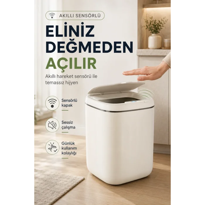 BUĞZ Akıllı Sensörlü 20 Litre Çöp Kovası Sessiz Kapaklı Modern Hijyenik Ev Tipi Çöp Kutusu