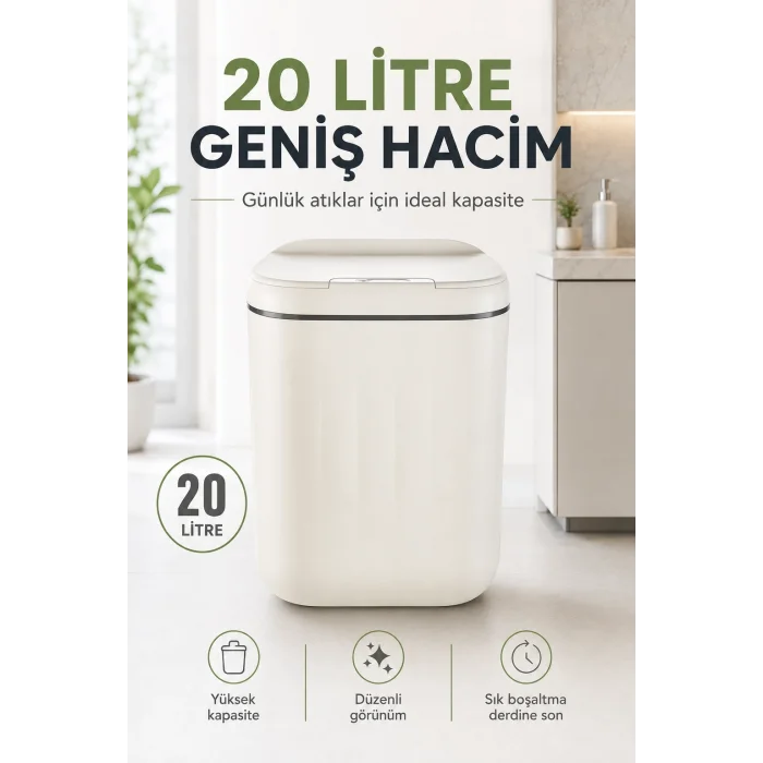 BUĞZ Akıllı Sensörlü 20 Litre Çöp Kovası Sessiz Kapaklı Modern Hijyenik Ev Tipi Çöp Kutusu