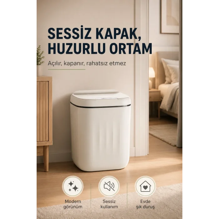 BUĞZ Akıllı Sensörlü 20 Litre Çöp Kovası Sessiz Kapaklı Modern Hijyenik Ev Tipi Çöp Kutusu