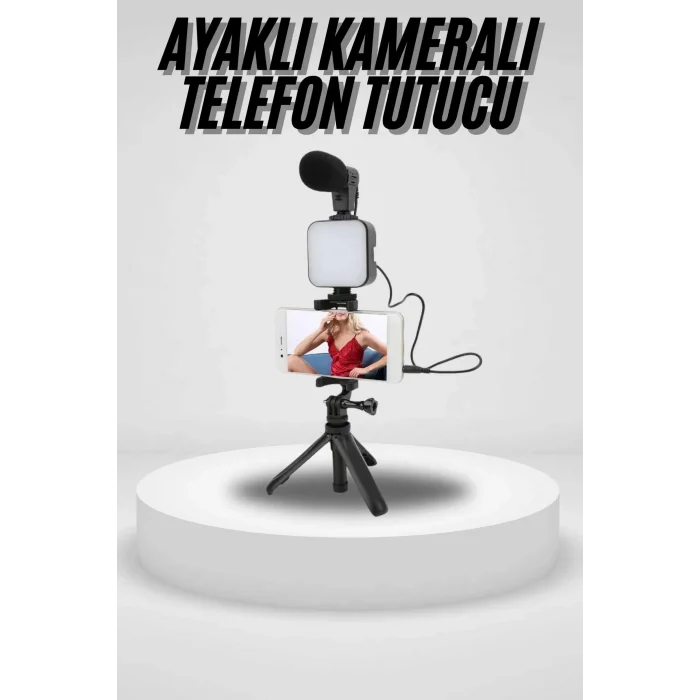  Akıllı Telefon Vlog Kiti Tripod Mini Mikrofonlu Telefon Tutucu