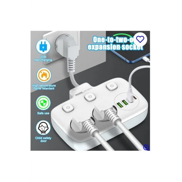 BUĞZ Akım Korumalı 2’li Ayrı Anahtarlı Priz, 2x Priz, 3x Usb, 1x Type-c, 2 Mt Kablo, Hızlı Şarj
