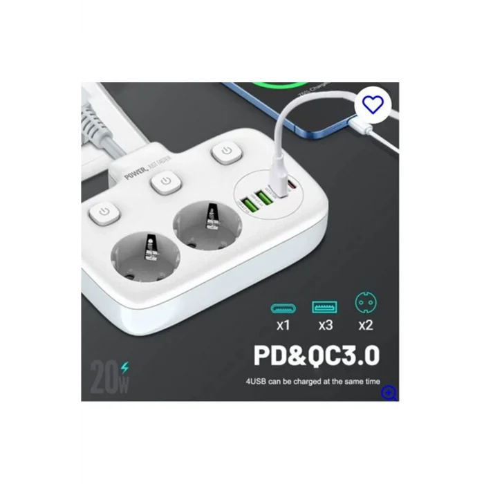 BUĞZ Akım Korumalı 2’li Ayrı Anahtarlı Priz, 2x Priz, 3x Usb, 1x Type-c, 2 Mt Kablo, Hızlı Şarj