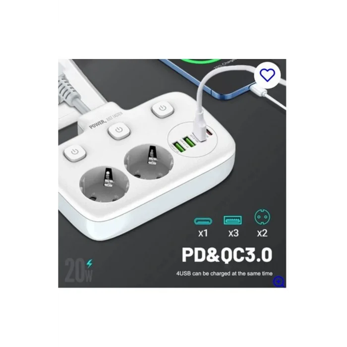 BUĞZ Akım Korumalı 2’li Ayrı Anahtarlı Priz, 2x Priz, 3x Usb, 1x Type-c, 2 Mt Kablo, Hızlı Şarj