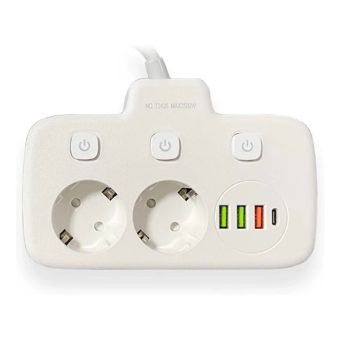BUĞZ Akım Korumalı 2’li Ayrı Anahtarlı Priz, 2x Priz, 3x Usb, 1x Type-c, 2 Mt Kablo, Hızlı Şarj