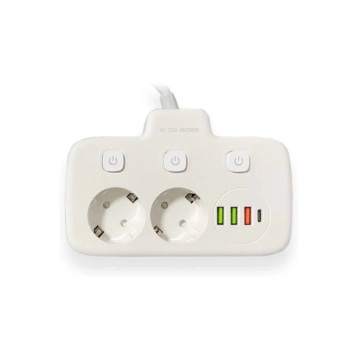 BUĞZ Akım Korumalı 2’li Ayrı Anahtarlı Priz, 2x Priz, 3x Usb, 1x Type-c, 2 Mt Kablo, Hızlı Şarj