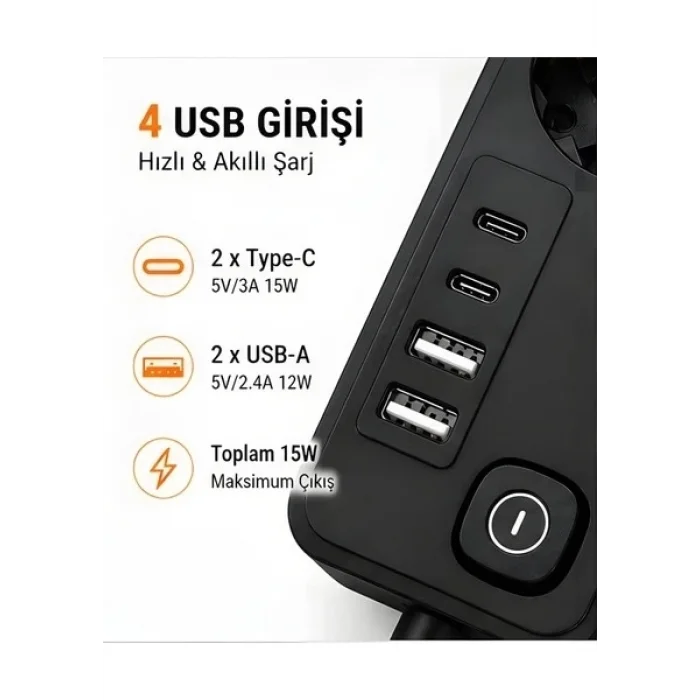 BUĞZ Akım Korumalı 5’li Priz 2xusb 2xtype-c Çıkış Akım Koruma Çoklu Priz Çoğaltıcı Anahtarlı Ftr-31 Siyah