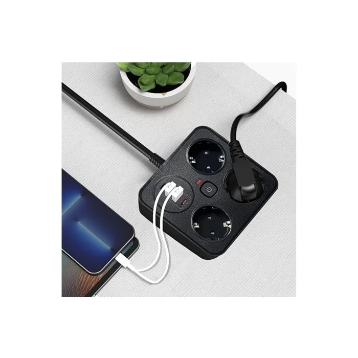 BUĞZ Akım Korumalı Anahtarlı Priz - 3x Priz - 2x Usb - 2x Type-c - 2 Mt Kablo Hızlı Şarj Özellikli Siyah